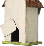 Glitzhome 9.7" H Hanging Birdhouse for Outdoor Patio Garden Decorative Pet Cottage Distressed Wooden Bird House for Finch Swallow Wren Chickadee, Leaves Rustic White