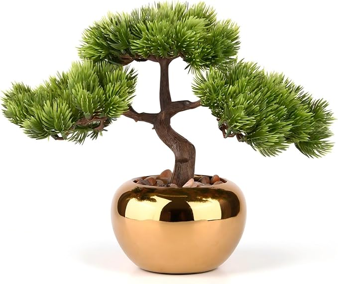 9.5 Inch Artificial Bonsai Tree with Ceramic Pot - Decorative Fake Plant for Home Office Living Room Window Sill, Fake Plants for Year-Round Decoration（Gold）