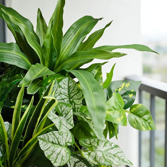 Artificial Plants for Outdoors Faux Greenery Leaves UV Resistant Realistic Plastic Large Bunches Shrubs Bushes with Stems, Fake Plants Decor Outdoor for Front Porch Door Patio Garden Yard, 9Pcs