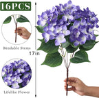 FOTEEWL 16 Bundles Artificial Hydrangea Flowers for Outdoor Decor, Realistic Faux Silk Bouquets Sun-Resistant Fake Plants for Front Door Balcony Farmhouse Garden Home Spring Summer Decor (Purple)