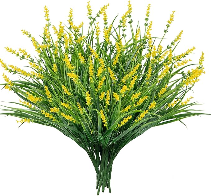 24 Bundles Artificial Plants Flowers Outdoor, Faux Lavender Flowers Fake Monkey Grass UV Resistant Plastic Plant for Porch Garden Patio Window Home Decor, Yellow