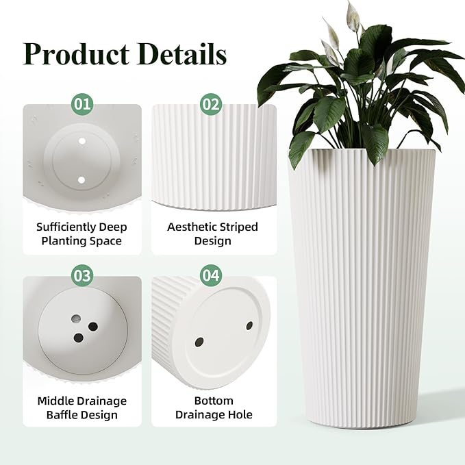 23.6" H Tall Planters for Outdoor Plants, 2 Pack Large Outdoor Planters for Front Porch Decor with Drainage Hole, Plastic Striped Flower Pots Fits Indoor Plants Patio Garden, Black