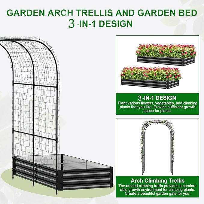 SUNYRISY Galvanized Raised Garden Bed with 87" H Arch Trellis for Climbing Plants Outdoor, Large Metal Planter Box with Netting for Gardening Flowers Vegetables Fruit, Black