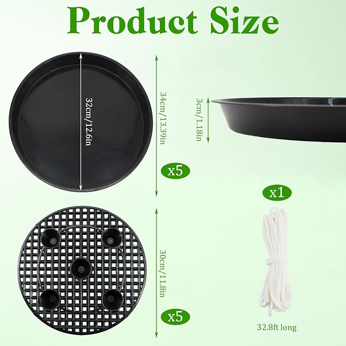 5-Pack 12" Plastic Plant Saucer, Self Watering Pots for Indoor Plants, Bottom Plant Water Catcher Tray, Indoor/Outdoor Greenhouse Garden Auto-Irrigation System for 5 Gallon Fabric Grow Bag