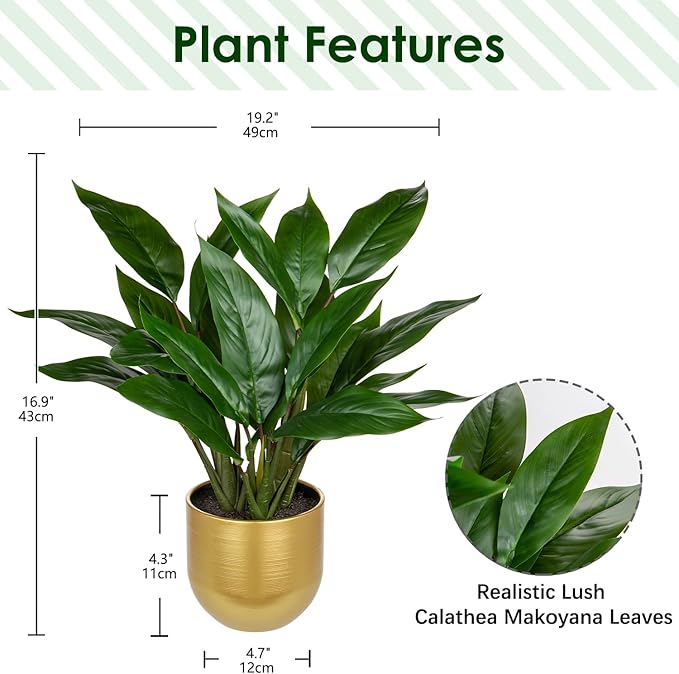 GnFlus Fake Plants 17'' Faux Plants Artificial Potted Plants Indoor Realistic Fake Cast Iron Plant Artificial Plants with Gold Pot for Home Office Farmhouse Kitchen Bathroom Table Shelf Decor