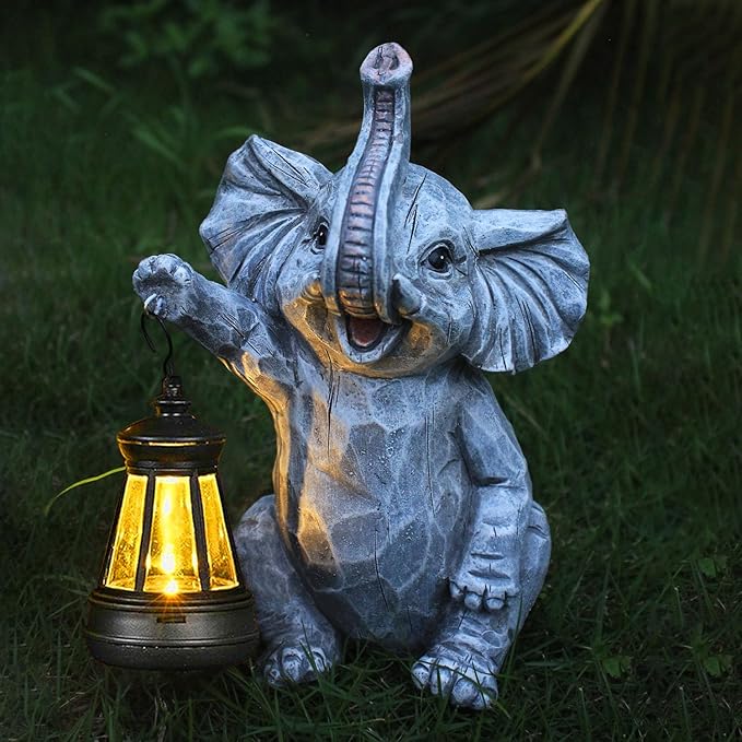 Garden Statues Elephant Solar Figurine Decor Outdoor Waterproof Lights, Yard Decorations, Garden Decor Unique Birthday Housewarming Gifts for Mom (Elephant 2)
