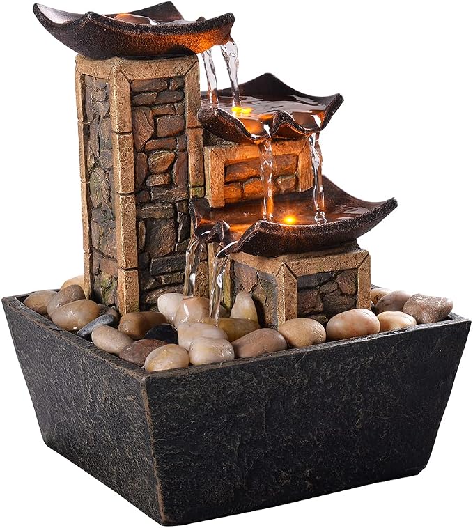GOSSI Indoor 3-Tier Tabletop Water Fountain with Soothing Sound, Simulation Stone Pillar Design, Natural River Rocks, Reflective Lighting for Meditation and Relaxation
