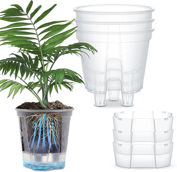 Wonderjune Self Watering Pots for Indoor Plants with Deep Reservoir and High Drainage Holes for Outdoor Plants and Flowers, Bare Root Planter(4.72'',Clear,3 Pcs)