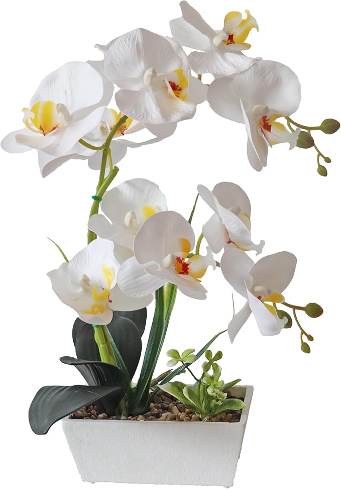 Fake Orchid Realistic Artificial Flowers Real Touch White Orchid Fake Potted Plants For Home Decor Indoor Phalaenopsis Orchids Centerpiece Flower Arrangement Table Decorations For Dining Room Bathroom