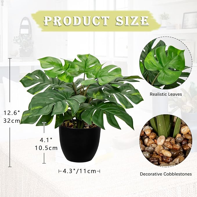 Hollyone Artificial Monstera Plant Faux Monstera Plant Potted Fake Tropical Plants in Black Pot for Indoor Outdoor Home Desk Office Garden Farmhouse Decoration