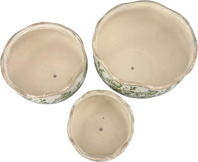 Galt International Ceramic Plant Pots Set of 3 Rustic Vintage Farmhouse Cream Crackle Glaze (11"/ 9.6"/ 7") Garden Indoor Outdoor Flower Planter w/Drainage Hole (Vintage Green)