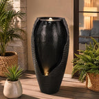 Floor Standing Resin Water Fountain Indoor Large Black Vase Water Feature with LED Light for Home Decor (Black)