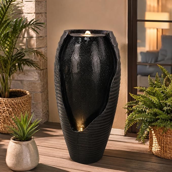 Floor Standing Resin Water Fountain Indoor Large Black Vase Water Feature with LED Light for Home Decor (Black)