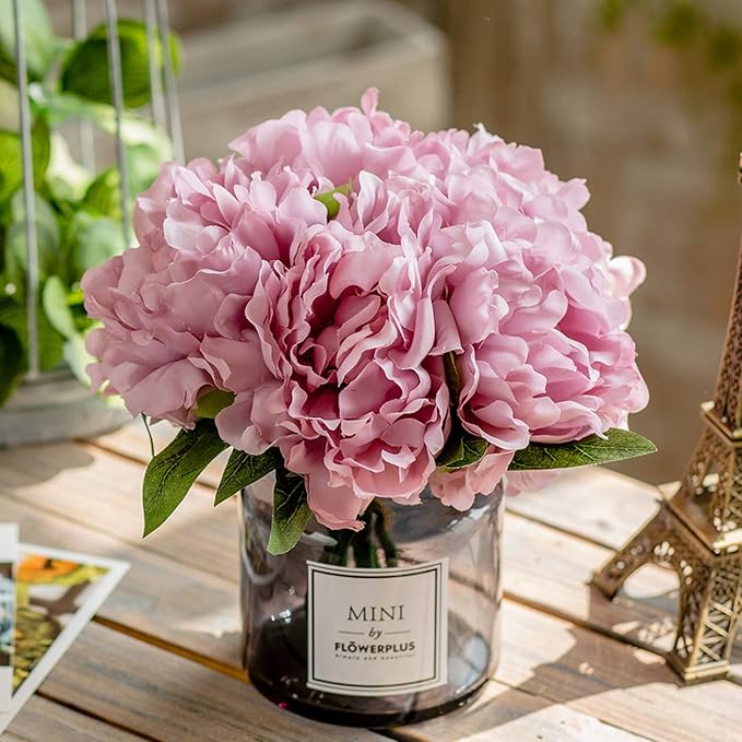 MOOMASS Artificial Peony and Glass vase, Ins Style Artificial Flower Glass Bottle Set, Suitable for Living Room, Dining Table, Office, Wedding, Hotel Banquet and Other Home Decoration. (Purple Pink)