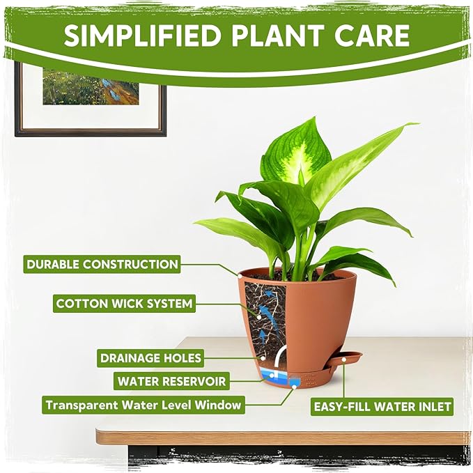 5 Pack 6 Inch Self Watering Planters for Indoor Plants, Automatic Watering Pots for Busy Plant Parents & Vacation, Decorative Modern Flower Pots with Drainage & Saucers (Terra Cotta, 6 inch)
