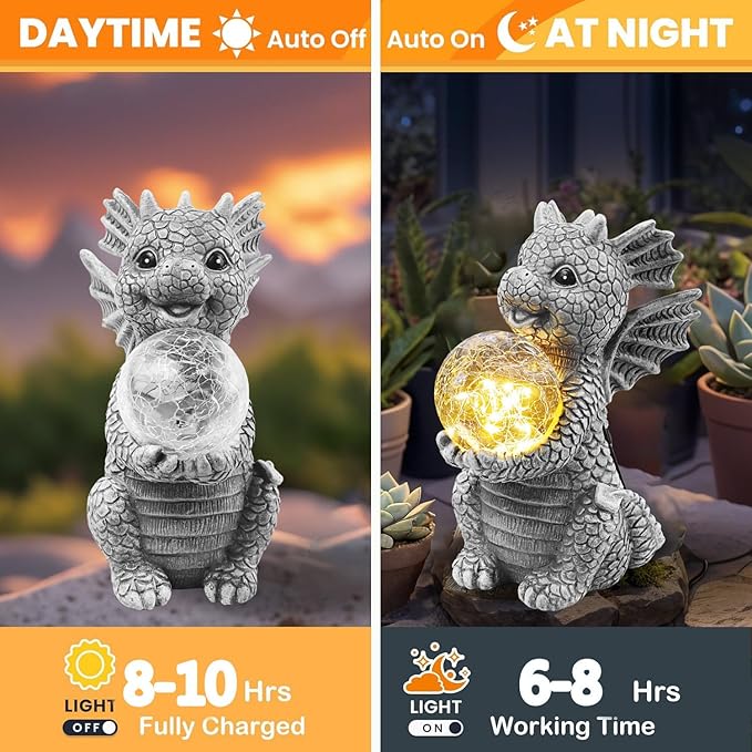 Solar Garden Decorations - Dragon Statue with Crackle Glass Ball Light - Garden Decor for Patio, Yard, Lawn, Pathway, Landescape - Housewarming Gifts - Dragon Gifts for Women Mom Grandmom