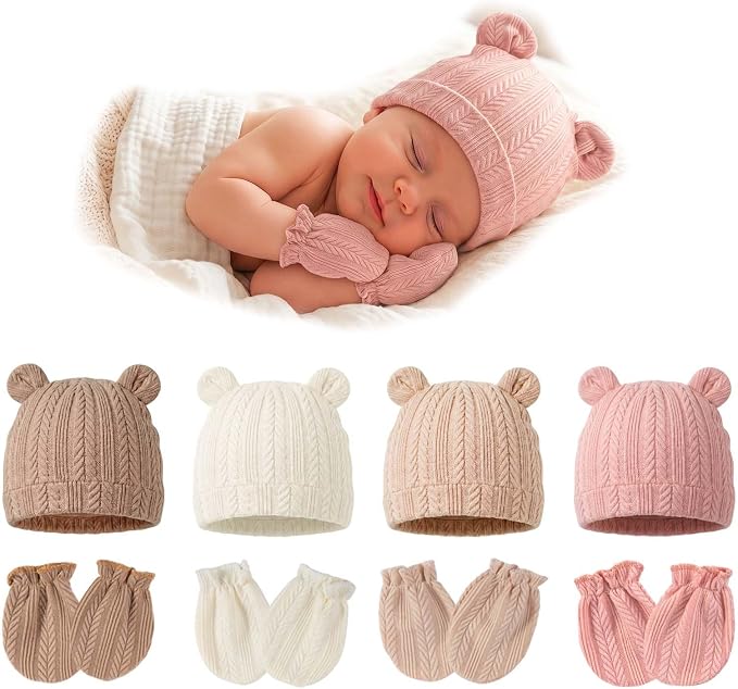 4 Pack Newborn Girl Hats and No Scratch Mittens Set 0-3 Months | 3D Bear Ear Baby Beanies for Newborn Girls Soft Cotton Infant Hat Mitten Pack (White Pink Khaki Brown)