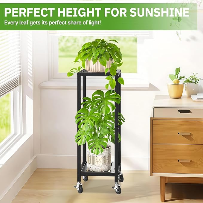 KMOTASUO 2 Tier Black Tall Plant Stand with Wheel for Indoor Outdoor, Heavy Duty Metal Multiple Large Planter Rack for Narrow Corner, Sturdy Iron Vertical Flower Holder for Modern House Patio Bathroom