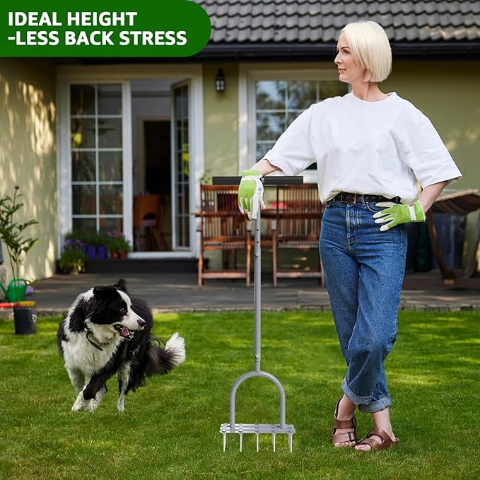 Aerator Lawn Tool Lawn Aerator -Heavy Duty Manual Grass Aerator with 15 Iron Spikes, Height Adjustable, Yard Aerator Tool for Lawn（Light Gray）