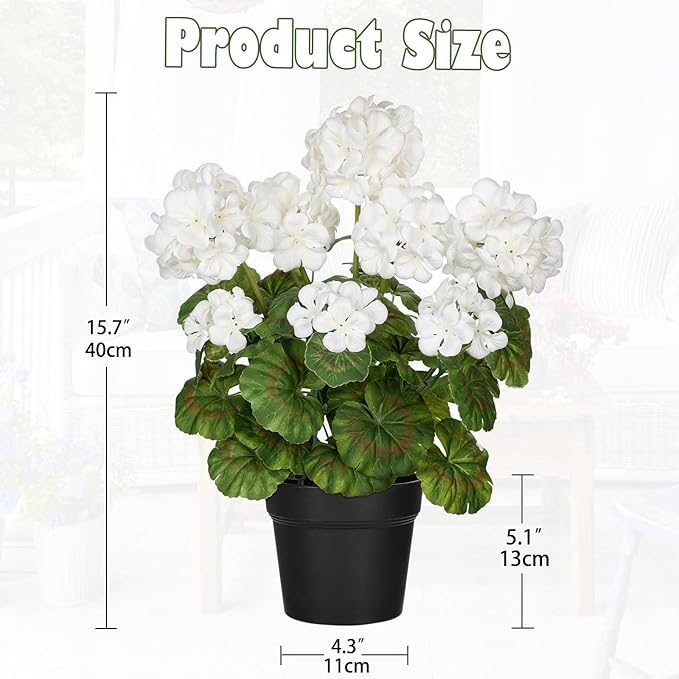Briful Artificial Geranium Potted Plant – 16” Tall, Realistic Silk Flowers with Vibrant Green Leaves, White Geraniums Fake Flowers for Outdoors Home Décor, Wedding Farmhouse Office Tables Decor