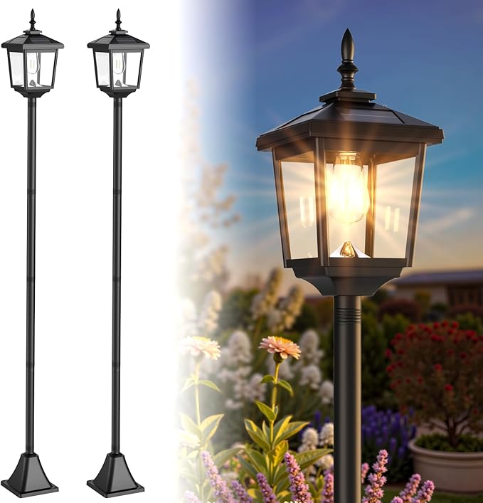 Greluna Solar Lamp Post Light Outdoor, Warm White, IP45 Waterproof Solar Post Lights Outdoor, Pole Lights Decorative Lamp for Yard Garden Patio Lawn Pathway Driveway Front/Back Door 2 Pack