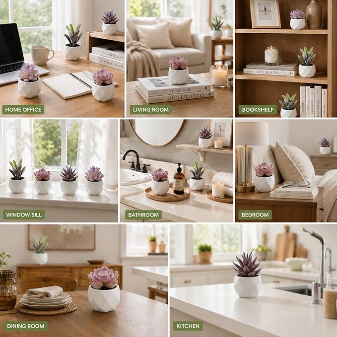 Tiita Purple Artificial Faux Succulents in Pots, Mini Purple Fake Plants for Women Desk, Small Realistic Faux Succulents for Home Office Accessories Window Sill Bathroom Bedroom 4 Set