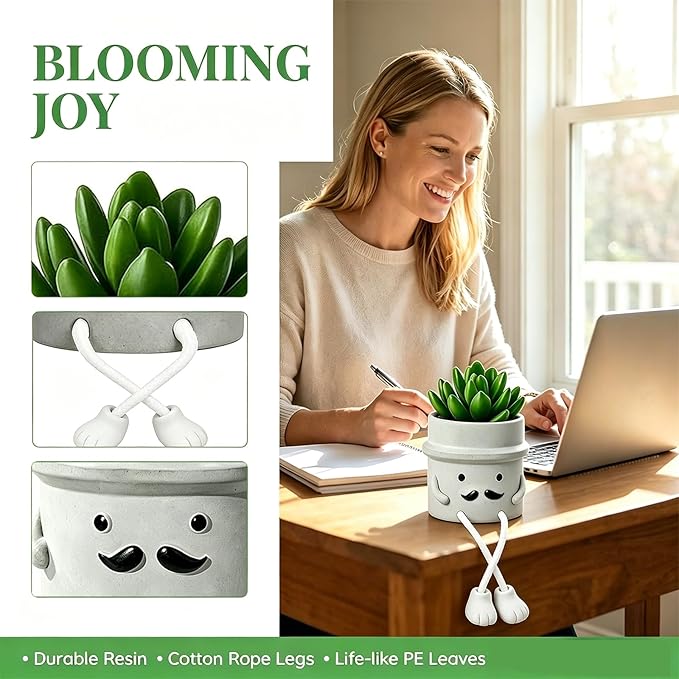 Fake Plant with Gray Flower Pot Artificial Succulents Plant for Indoor Bathroom Desk Office Windowsill Kitchen Live Faux Plant Decor Accessories 1PC
