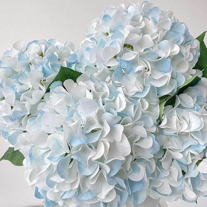 ZYTUYO 5 Pcs White & Light Blue Silk Hydrangeas Artificial Flower Boho Dried Touch 20'' Faux Hydrangeas for Indoor Home Decor Kitchen Living Room Outdoor Porch Wedding Flower Arrangement