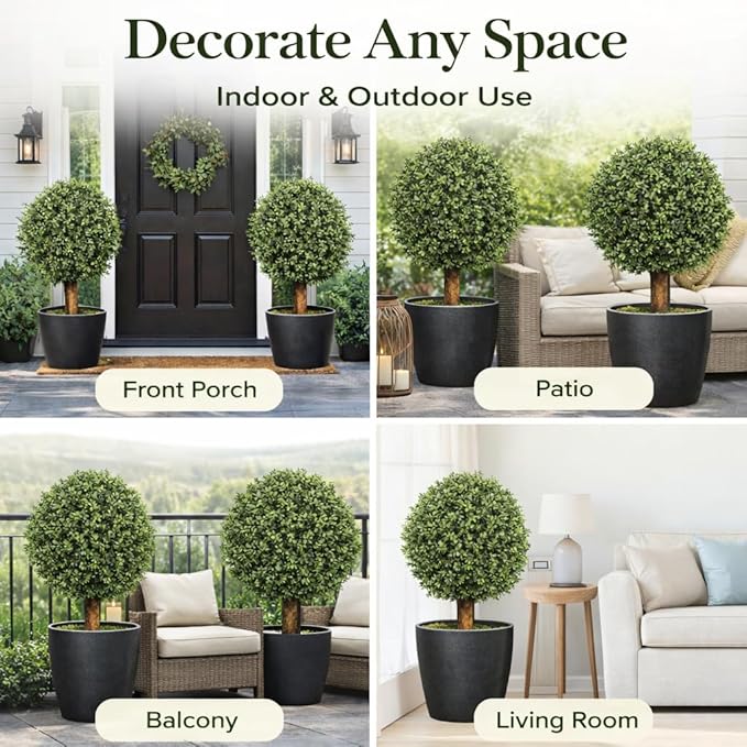 Artificial Boxwood Topiary Tree, 26" Faux Outdoor Plant in Pot, UV Resistant Fake Greenery for Front Porch, Patio, Entryway & Garden Decor