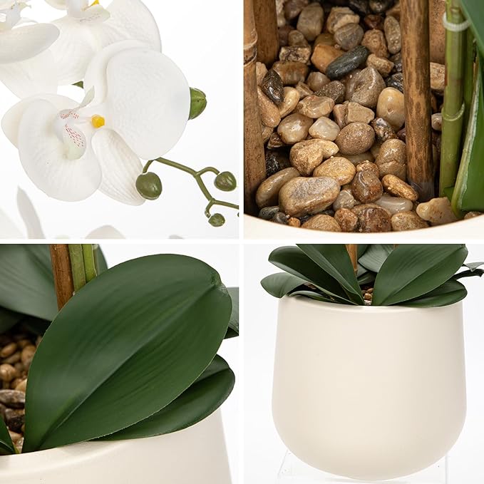 Briful Extra Large White Orchid Artificial Flowers in Cream Resin Pot, 29.5in Lifelike Silk Orchid Arrangement Faux Phalaenopsis Plant for Elegant Home Office Table Centerpiece Décor