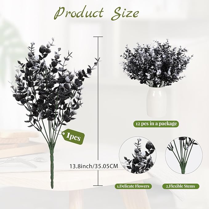 RECUTMS Black Artificial Flowers, 12 Pcs Fake Outdoor UV Resistant Plants Faux Plastic Greenery Shrubs Indoor Outside Hanging Planter Flower Decoration, Garden Decor (Black+White Eucalyptus)