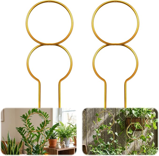 Nogeqi 2 Pcs Plant Support for Climbing, Metal Plant Trellis Indoor, 12 Inch Small Plant Stakes for Indoor Plants, Trellis for Climbing Plants Garden Potted (Gold)