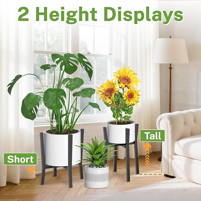 iDavosic.ly Adjustable Plant Pot Stand Indoor Outdoor, Metal Short Single Flower Holder Fits 8 to 12 Inch Large Heavy Duty Planter (Not Included) | Modern Black