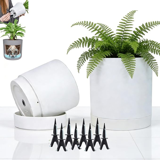 GreenShip Planter Set of 2 (15.7" &13.7") – Cylinder Planters with Drainage Hole and Planter Saucer, Jun Porcelain Clay & Recycled Resin, Decorate Home,Office & Outdoor,White pots