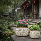 Vintage Ceramic Flower Pots - Indoor Outdoor Planters with Drainage Holes & Filter Screen, 6.5’’& 9’’ Rustic Farmhouse Decorative Plant Pots for Garden/Patio (Bicolor Vines, Small to Large Bundle)