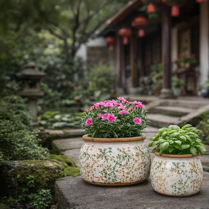 Vintage Ceramic Flower Pots - Indoor Outdoor Planters with Drainage Holes & Filter Screen, 6.5’’& 9’’ Rustic Farmhouse Decorative Plant Pots for Garden/Patio (Bicolor Vines, Small to Large Bundle)