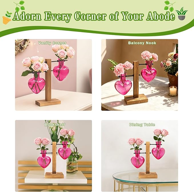 XXXFLOWER Plant Terrarium Propagation Station, Gifts for Mom Daughter Wife Plant Lover, Hydroponic Planter Bulb for Home Office Garden Decoration - 2 Pink Love Bulb Vase with Wooden Stand