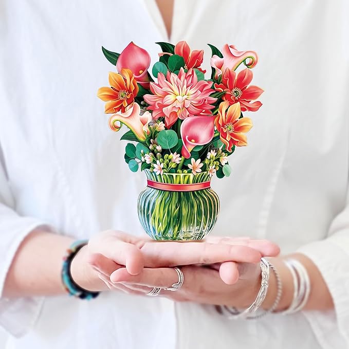 Freshcut Paper Pop Up Cards, Mini Dear Dahlia, 6 Inch Mini Sized Forever Flower Bouquet 3D Popup Greeting Cards, Birthday Card, Thank You Card, Blank Notecard & Envelope