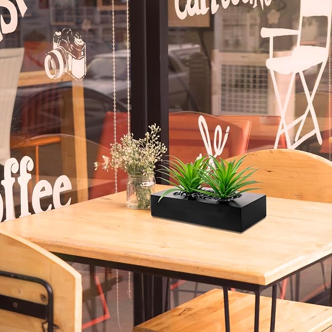 MyGift 10 Inch Fake Grass Artificial Plants in Rectangular Black Wood Planter - Faux Plants Indoor for Tabletop Centerpiece Décor