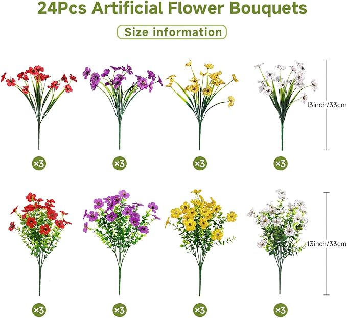 Alupssuc 24 Bundles Artificial Flowers for Outdoors Decoration, UV Resistant Silk Faux Floral Spring Fake Plastic Plants Greenery for Outside Indoor Home Porch Window Planter Decor, Mix 4 Colors