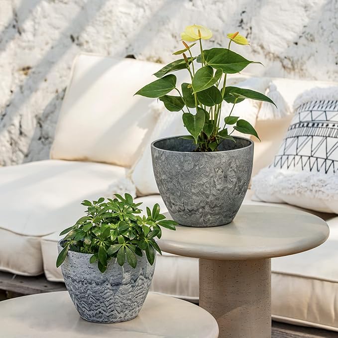 LA JOLIE MUSE Flower Pots Outdoor Garden Planters, Indoor Plant Pots with Drainage Holes, Plastic, Marble Pattern Grey, Set 2 (8.6 + 7.5 Inch)