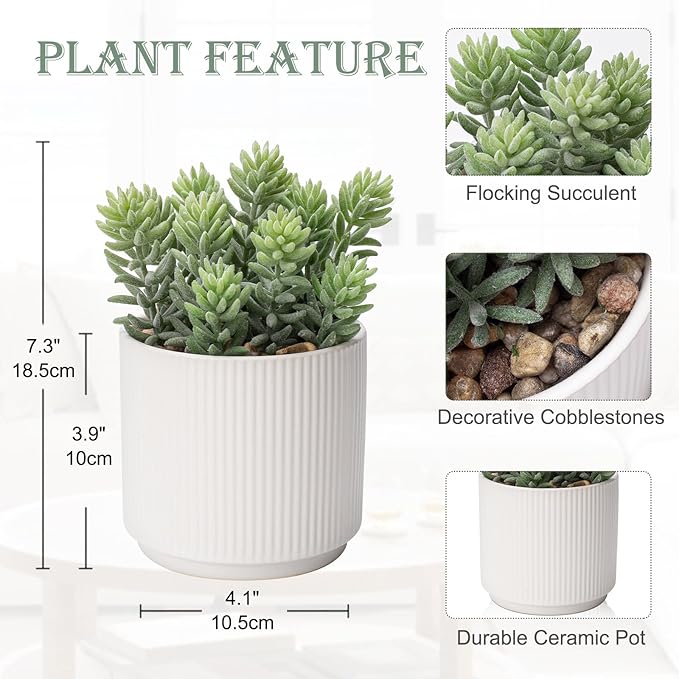 Briful Flocked Fake Plants Realistic Succulents Artificial Plant in Ceramic Pot, Faux Succulent for Home Shelf Tabletop Modern Bathroom Decor