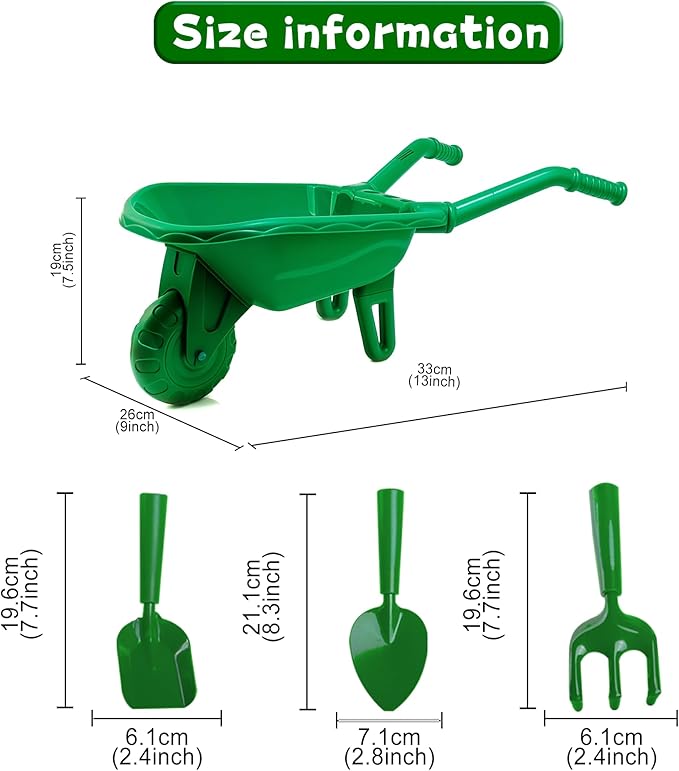 Duckura Kids Wheelbarrow Set - Gardening Tools for Kids with Shovel, Rake, Trowel, Outdoor Yard Lawn Digging Weed Toys, Easter Birthday Gifts for Boys Girls Age 2 3+Years Old(Green B)