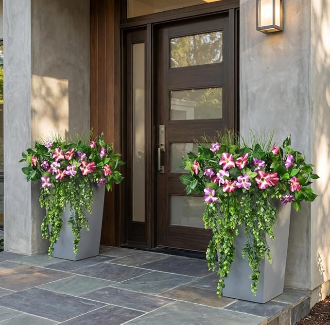 Waipfaru Artificial Plants & Flowers, UV Resistant Fake Plants Artificial Flowers Outdoors, Realistic Faux Petunias Fake Hanging Plants for Home Outside Garden Balcony (10 Bundle Fuchsia Lotus)