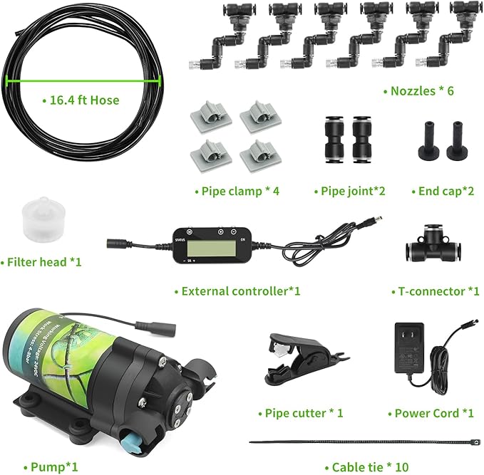 Reptile Misting System with Timer, 6 Adjustable-Joint Nozzles, Self-Priming Pump, Quiet Fine Mist for Chameleons, Geckos, Frogs & Terrariums