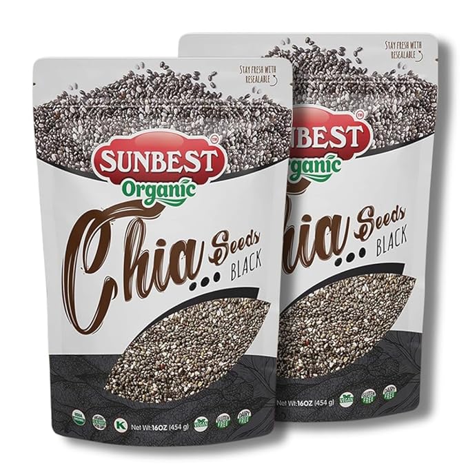 Sunbest Natural Organic Black Chia Seeds – 2-Pack (16 oz each) – Non-GMO, Vegan, Kosher – High in Omega-3, Fiber & Protein – Perfect for Smoothies, Baking & Cooking