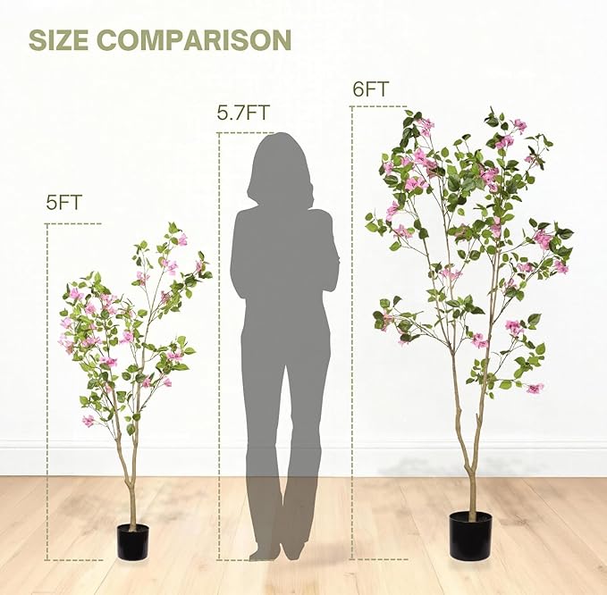5FT Artificial Flowering Tree, Realistic Faux Bougainvillea with Colorful Blooms, Tall Potted Plant in Black Container, Statement Greenery for Living Room, Office & Sunroom, Easy to Place