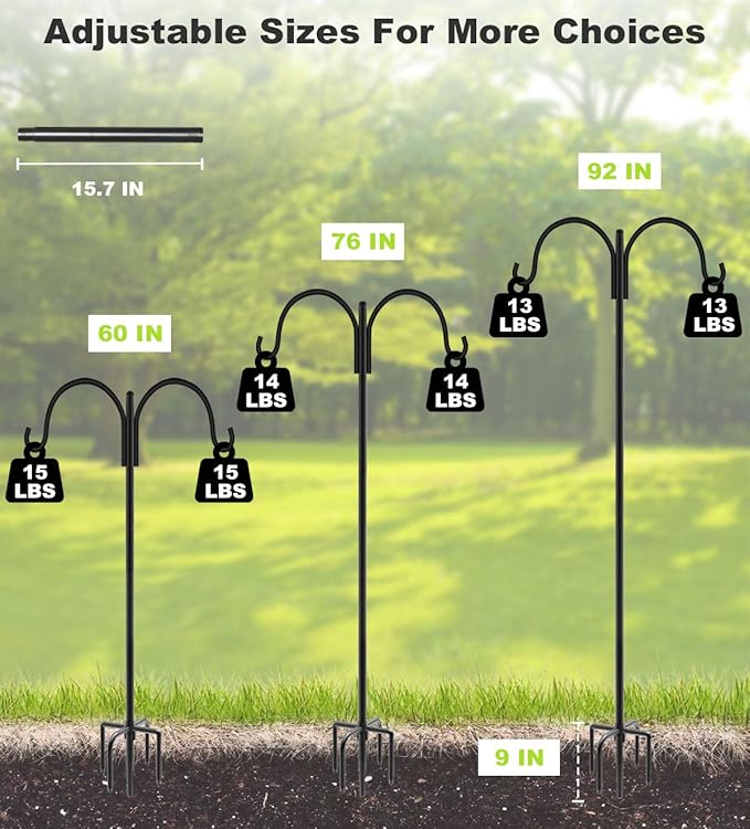 Artibear Double Shepherd Hooks for Outdoor, 92" Heavy Duty Bird Feeder Hangers Garden Hooks with 5-Prong Base, Outside Hanging Pole for Plant Baskets, Solar Light Lanterns, Wind Chimes, 2 Pack
