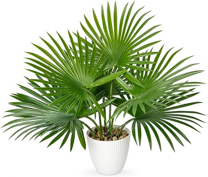 GnFlus Artificial Palm Plant 15 Inch Fake Tropical Potted Plants Faux Palm Leaves in Pot for Home Indoor Tabletop Centerpieces Living Room Bedroom Decoration