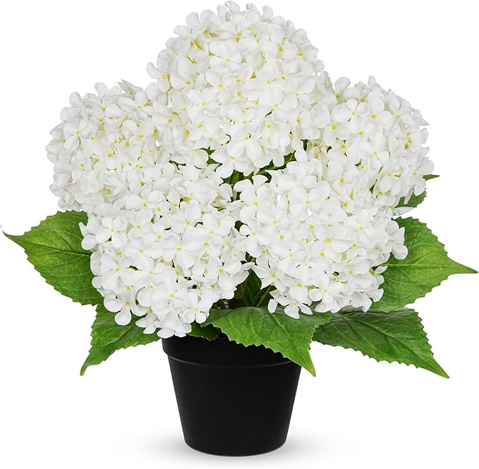 18" Hydrangea Artificial Flowers Plant in Black Plastic Pot, Fake Hydrangeas Plants for Home Office Indoor Outdoor Decor, Realistic Floral Arrangement for Living Room & Porch Decorations, White